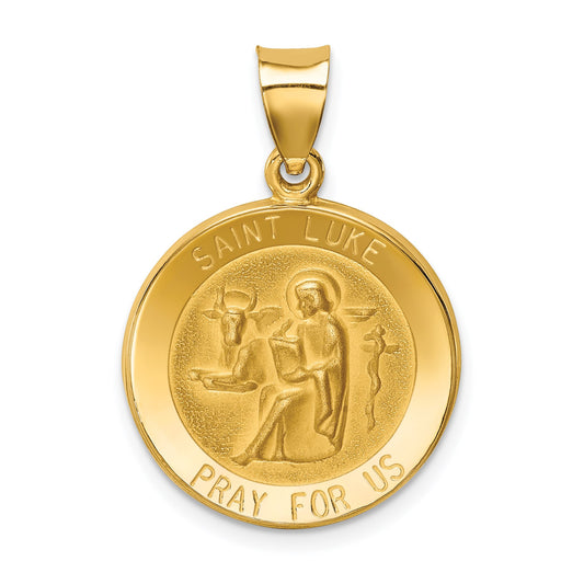 14k Polished and Satin Hollow St Luke Medal Round Pendant