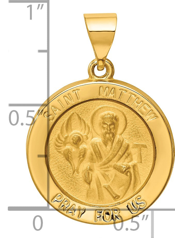 14k Polished and Satin Hollow St Matthew Medal Round Pendant