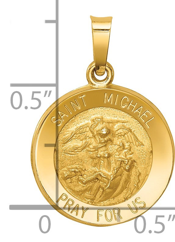 14k Polished and Satin Hollow St. Michael Medal Round Pendant