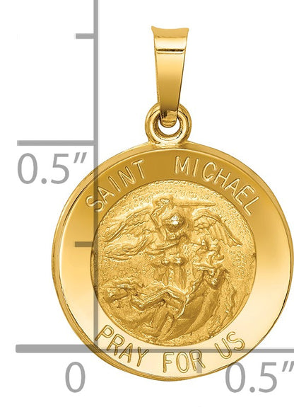 14k Polished and Satin Hollow St. Michael Medal Round Pendant