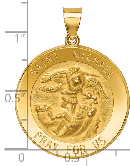 14k Polished and Satin Hollow Large St. Michael Medal Round Pendant