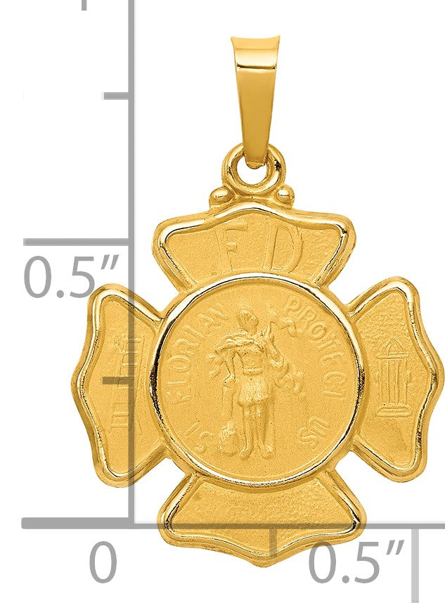 14k Polished and Satin Hollow St Florian F.D. Badge Medal Pendant
