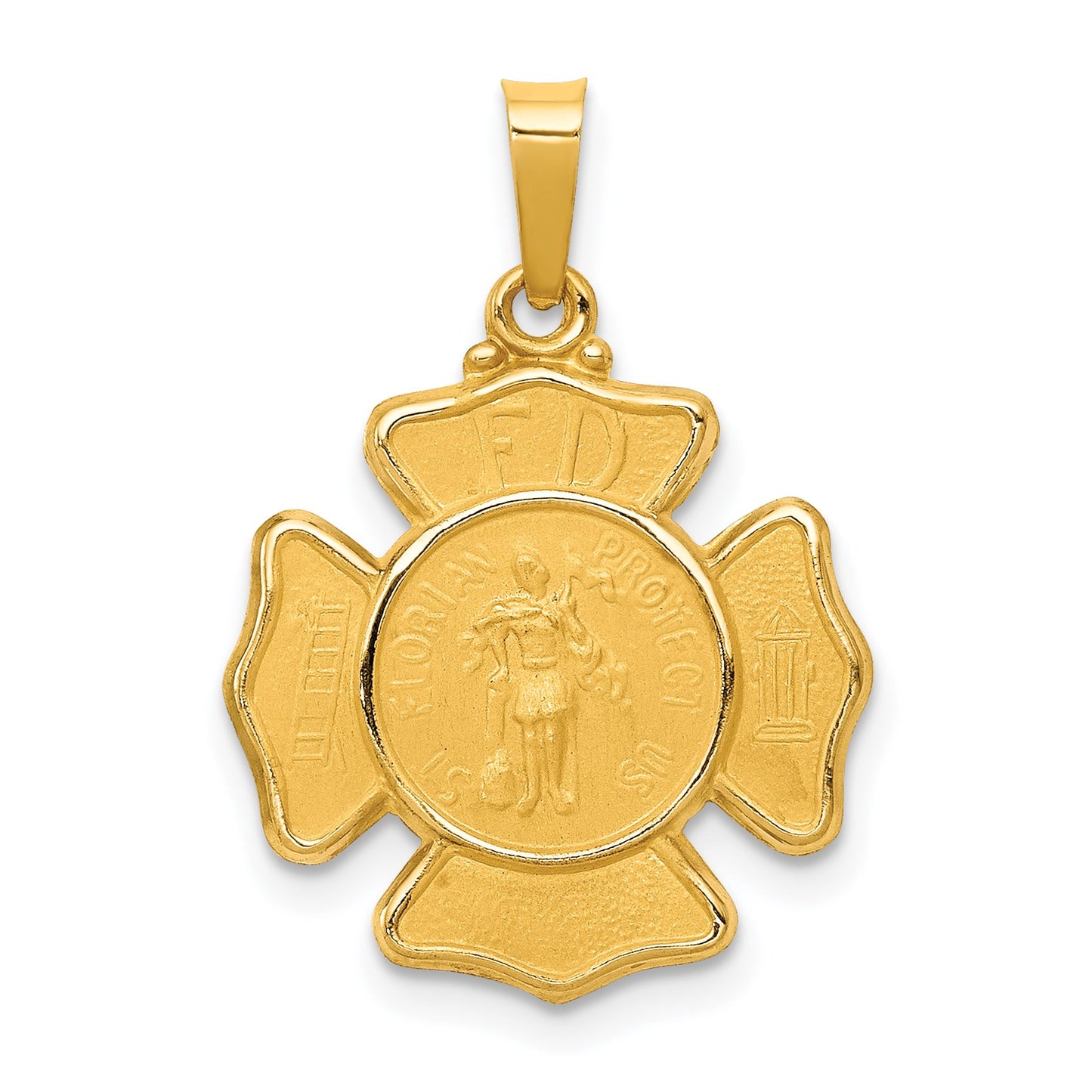 14k Polished and Satin Hollow St Florian F.D. Badge Medal Pendant