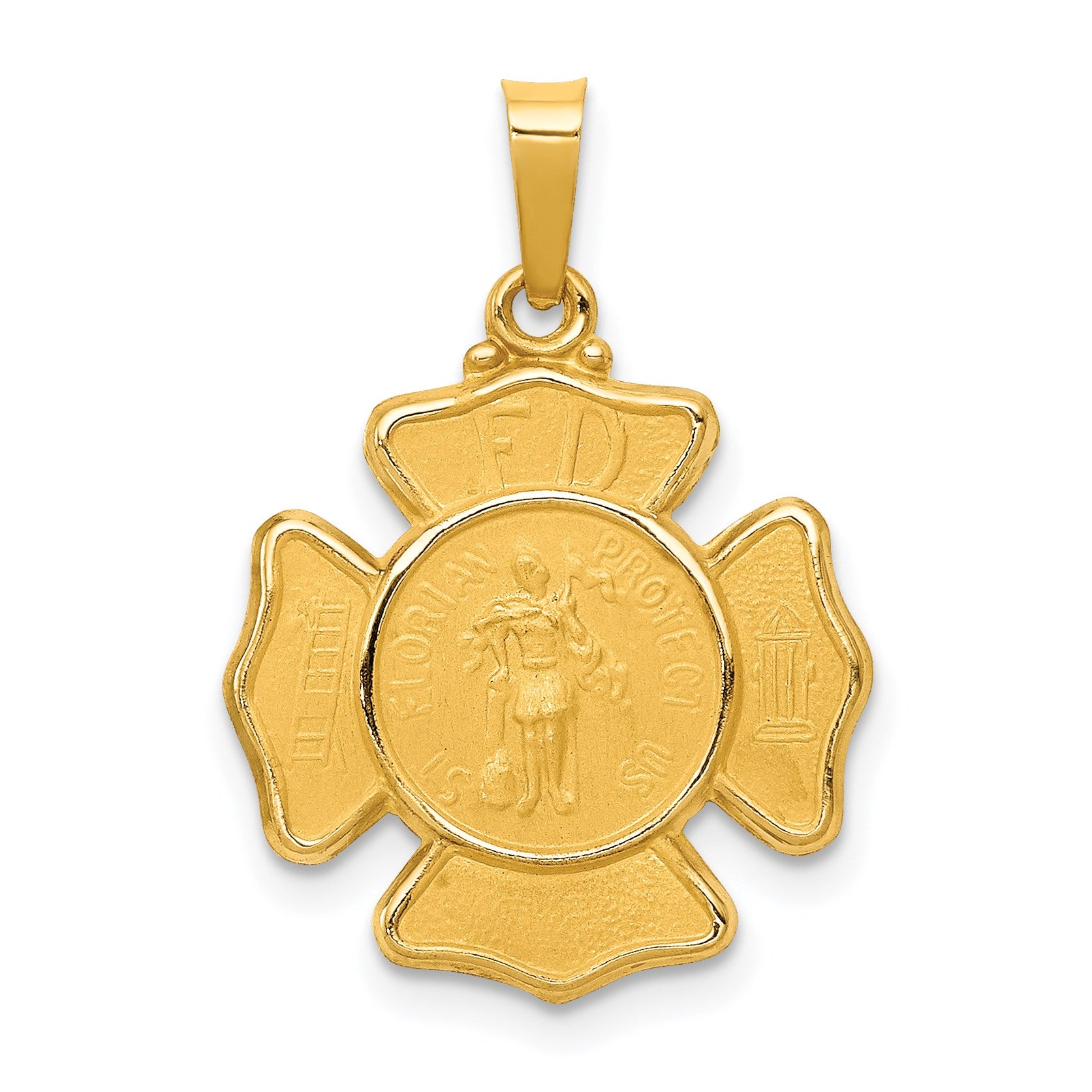 14k Polished and Satin Hollow St Florian F.D. Badge Medal Pendant