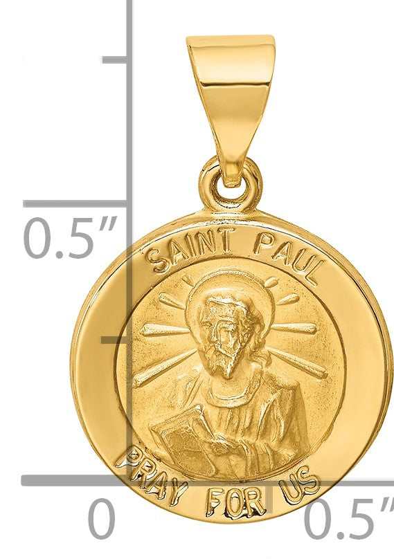 14k Polished and Satin Hollow St Paul Medal Round Pendant