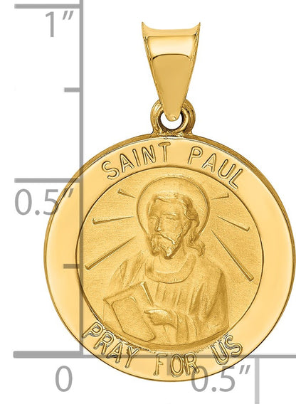 14k Polished and Satin Hollow St Paul Medal Round Pendant
