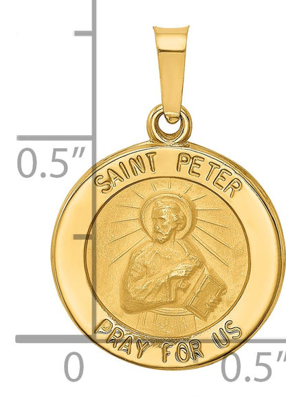14k Polished and Satin Hollow Saint Peter Medal Round Pendant