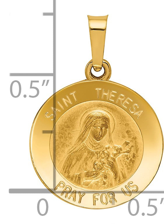 14k Polished and Satin Hollow St Theresa Medal Round Pendant