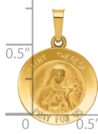 14k Polished and Satin Hollow St Theresa Medal Round Pendant
