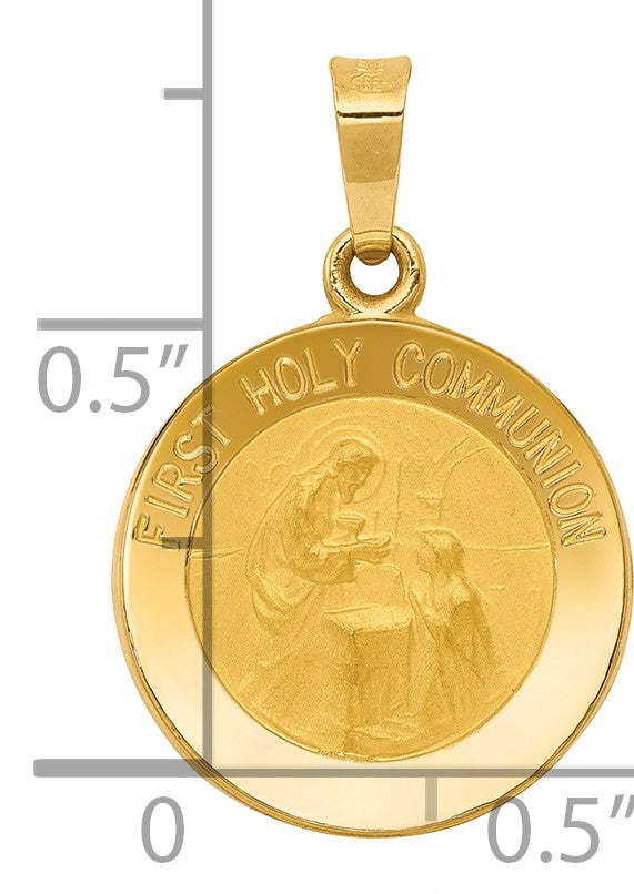 14k Polished and Satin Hollow FIRST HOLY COMMUNION Medal Round Pendant