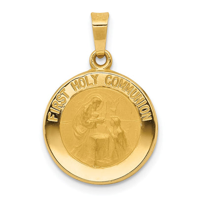 14k Polished and Satin Hollow FIRST HOLY COMMUNION Medal Round Pendant