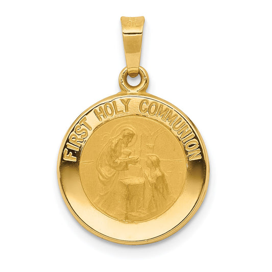14k Polished and Satin Hollow FIRST HOLY COMMUNION Medal Round Pendant
