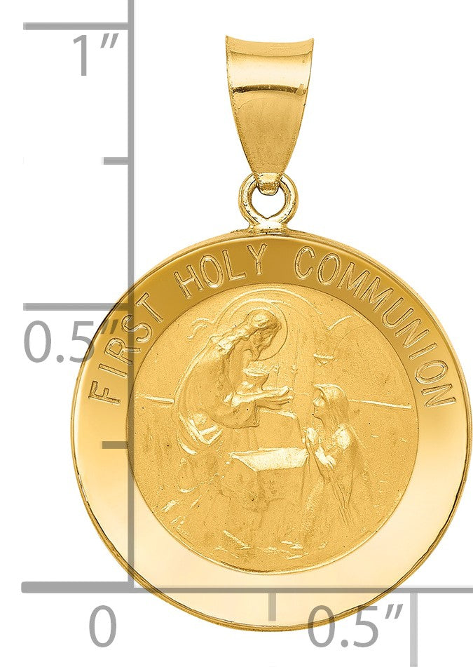 14k Polished and Satin Hollow FIRST HOLY COMMUNION Medal Round Pendant