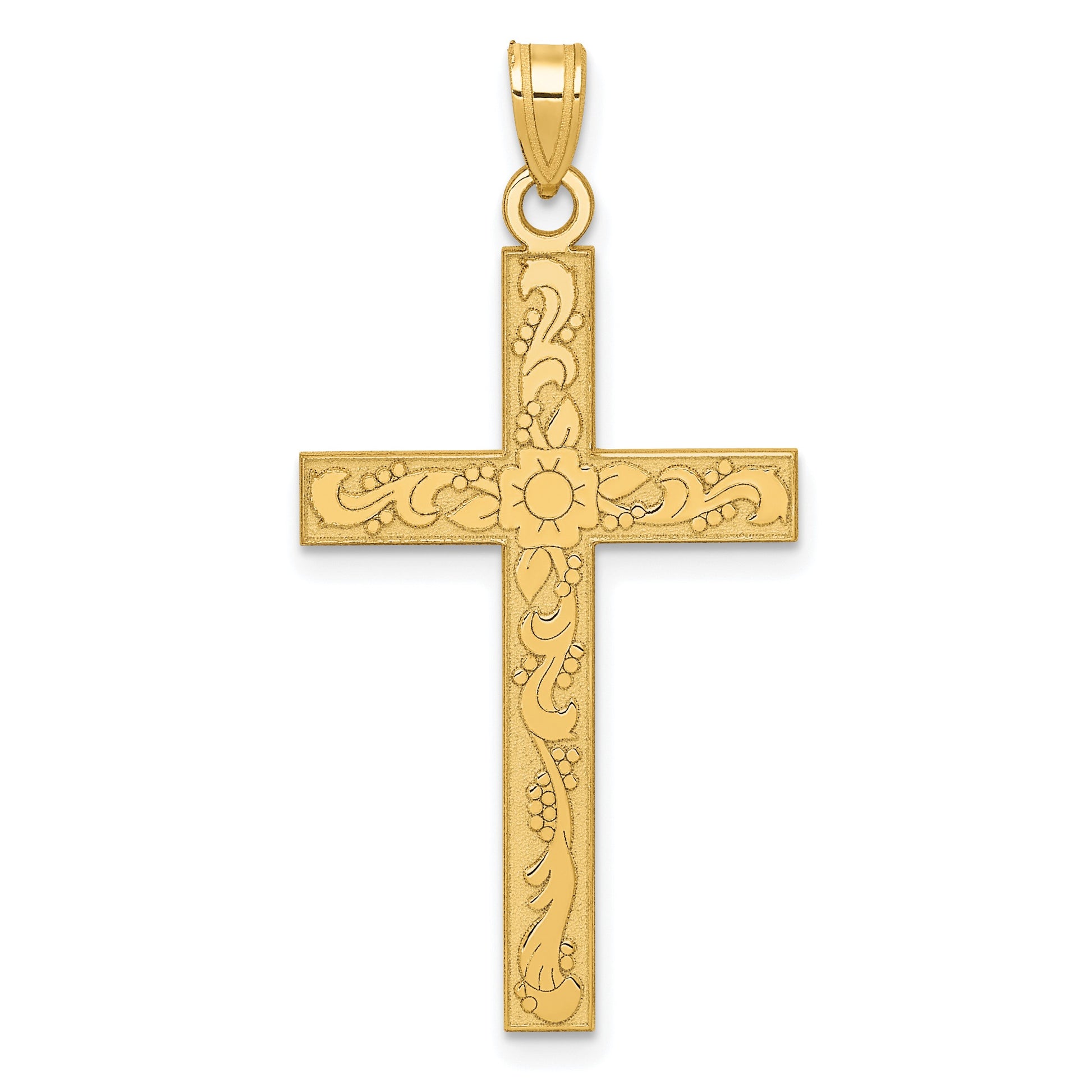 14k Etched Floral Cross Pendant