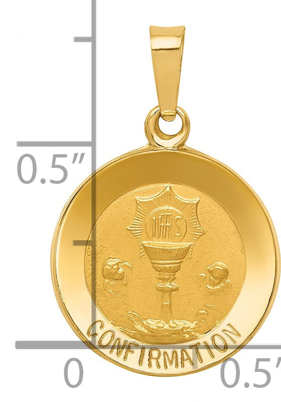 14k Polished and Satin Hollow CONFIRMATION Medal Round Pendant
