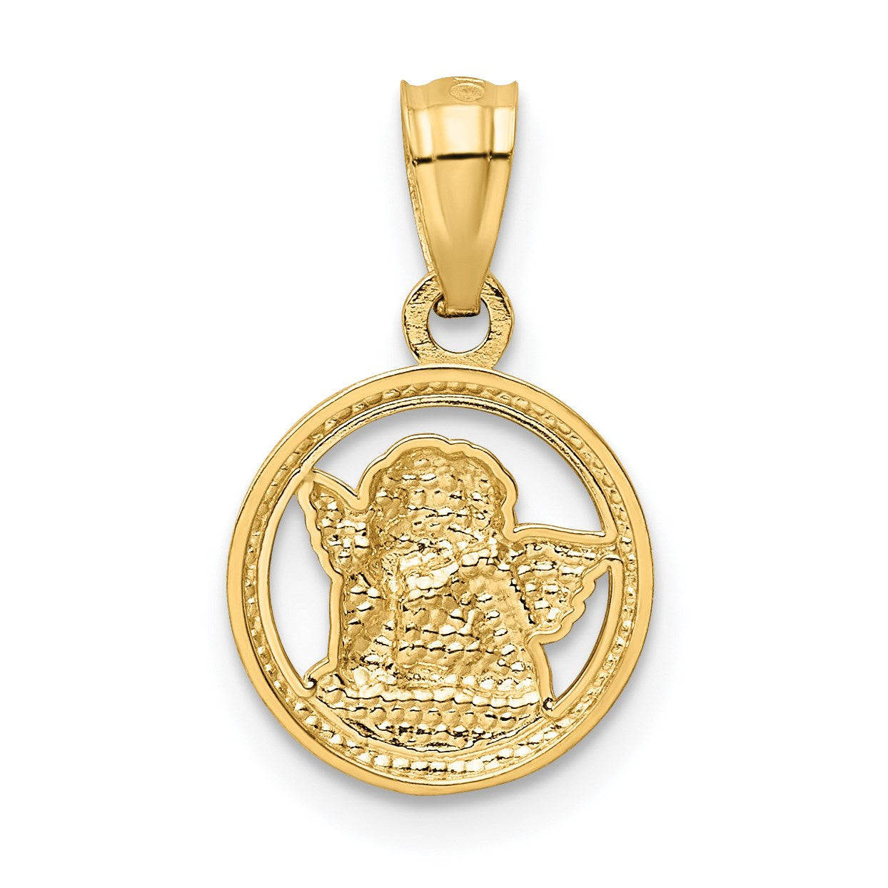 14K and White Rhodium Diamond-cut Cherub in Circle Pendant