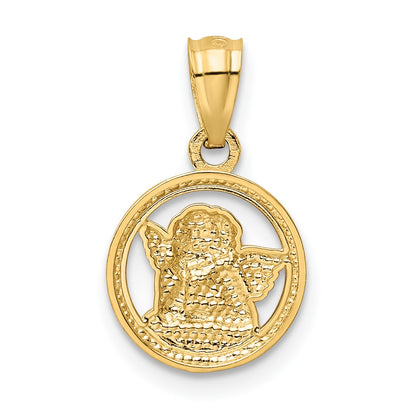 14K and White Rhodium Diamond-cut Cherub in Circle Pendant