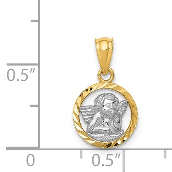 14K and White Rhodium Diamond-cut Cherub in Circle Pendant