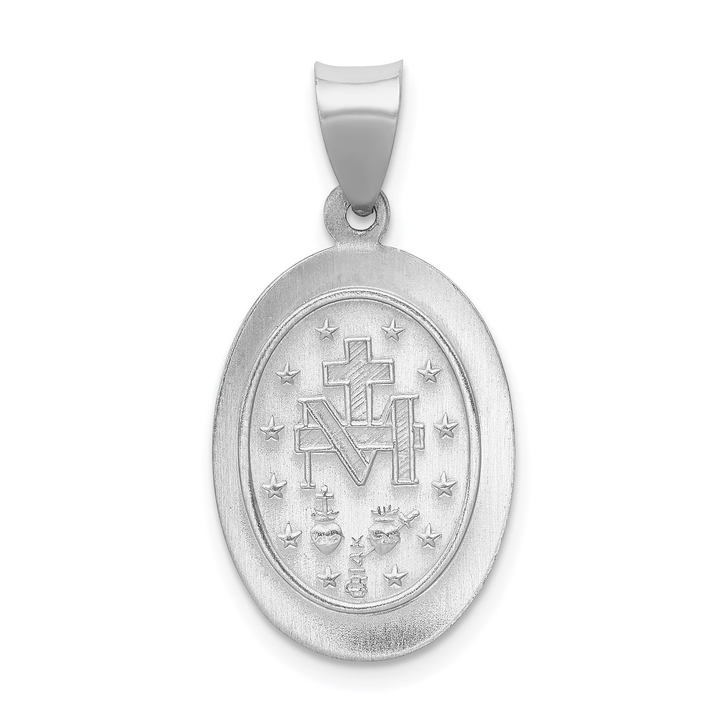 14k White Gold Polished and Satin Hollow Miraculous Medal Oval Pendant
