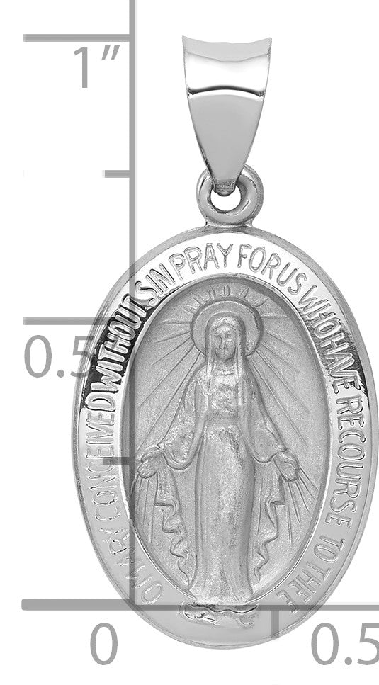 14k White Gold Polished and Satin Hollow Miraculous Medal Oval Pendant