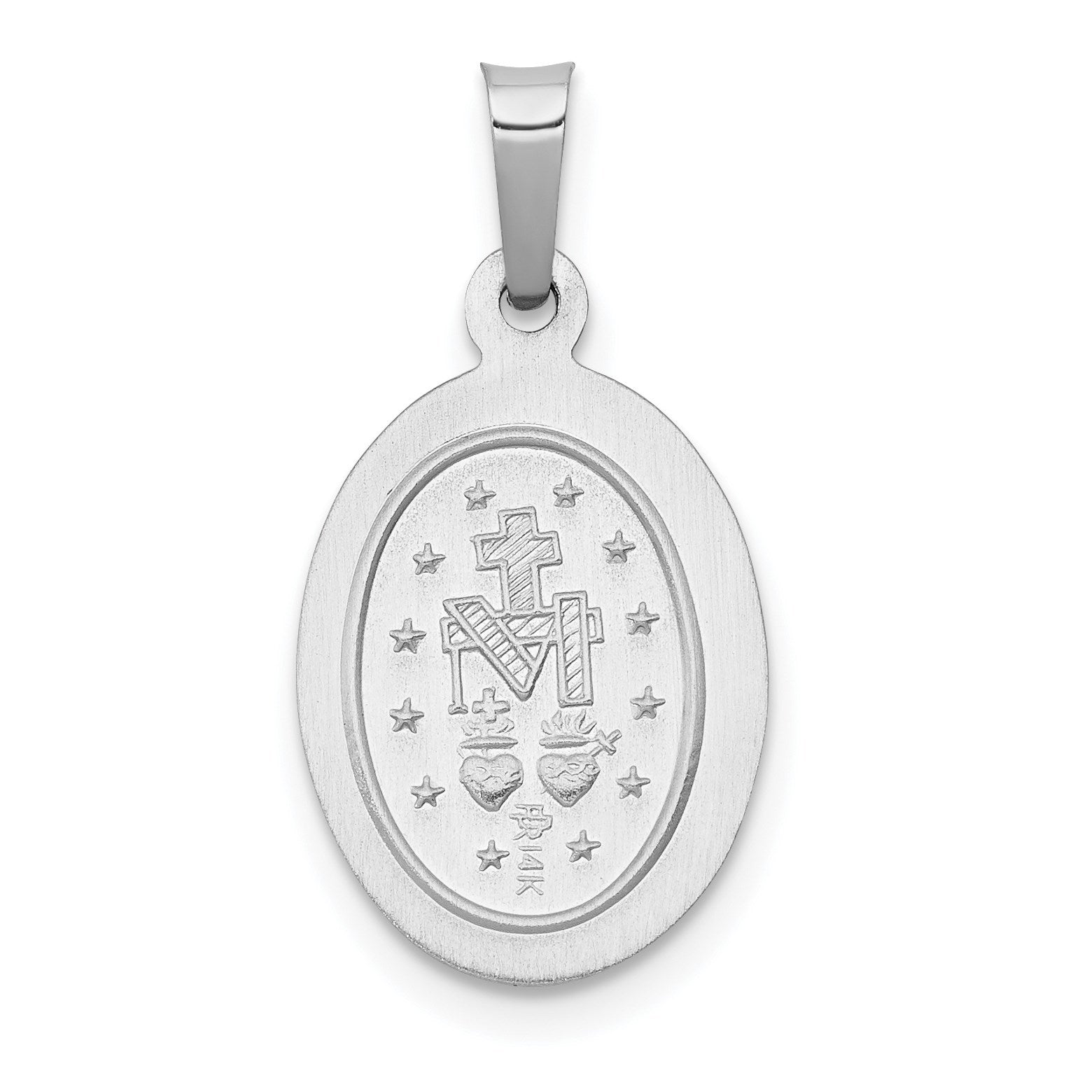 14k White Gold Polished and Satin Hollow Miraculous Medal Oval Pendant