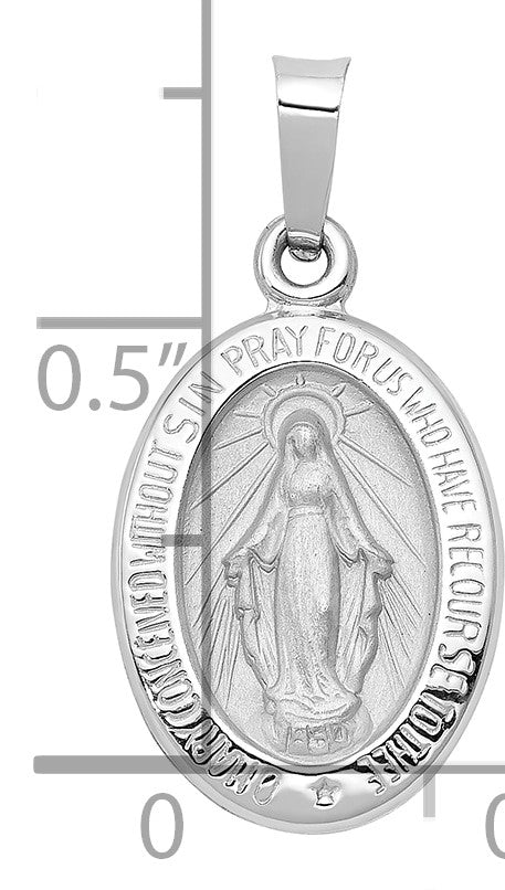 14k White Gold Polished and Satin Hollow Miraculous Medal Oval Pendant