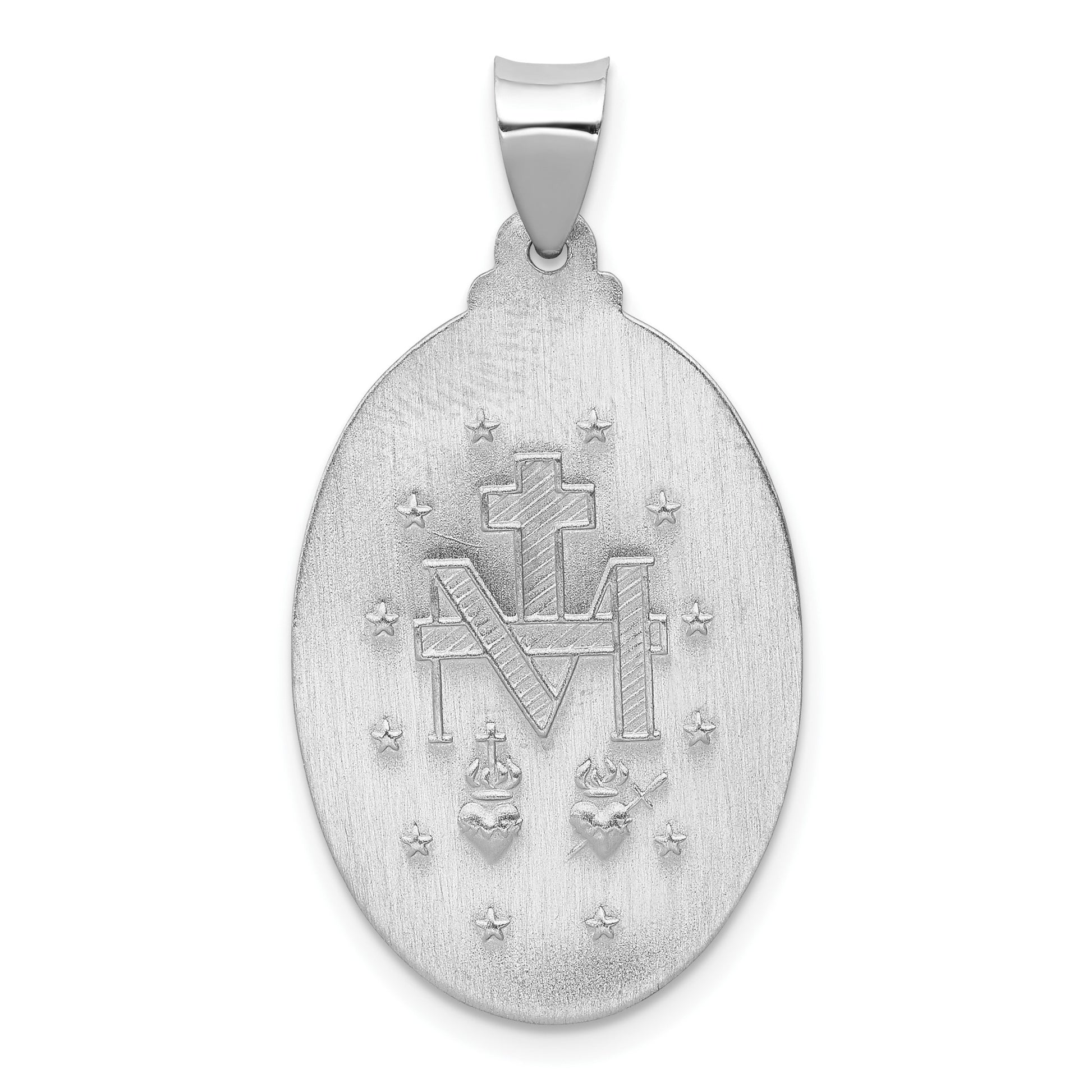 14k White Gold Polished and Satin Hollow Miraculous Medal Oval Pendant
