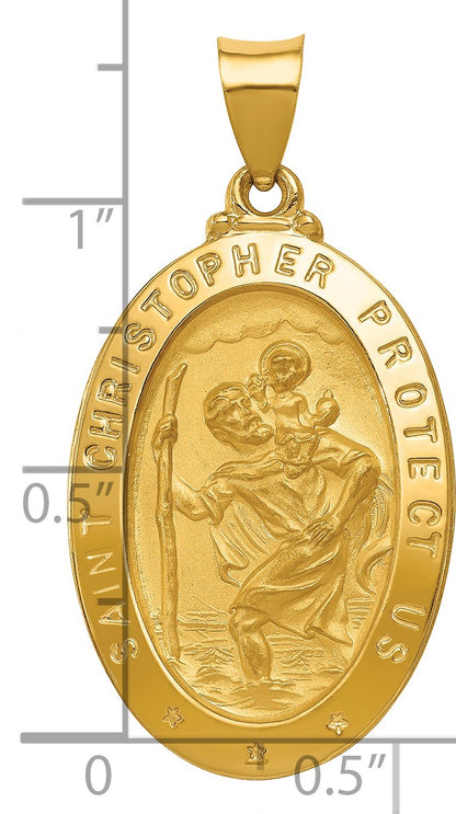 14k Polished and Satin Hollow St Christopher Medal Oval Pendant