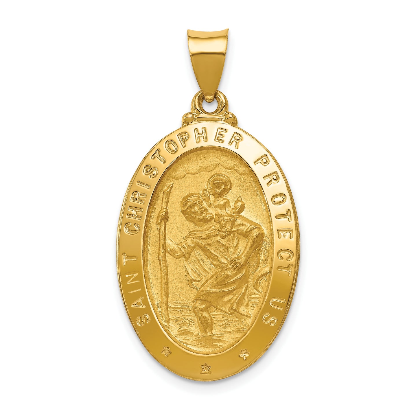14k Polished and Satin Hollow St Christopher Medal Oval Pendant