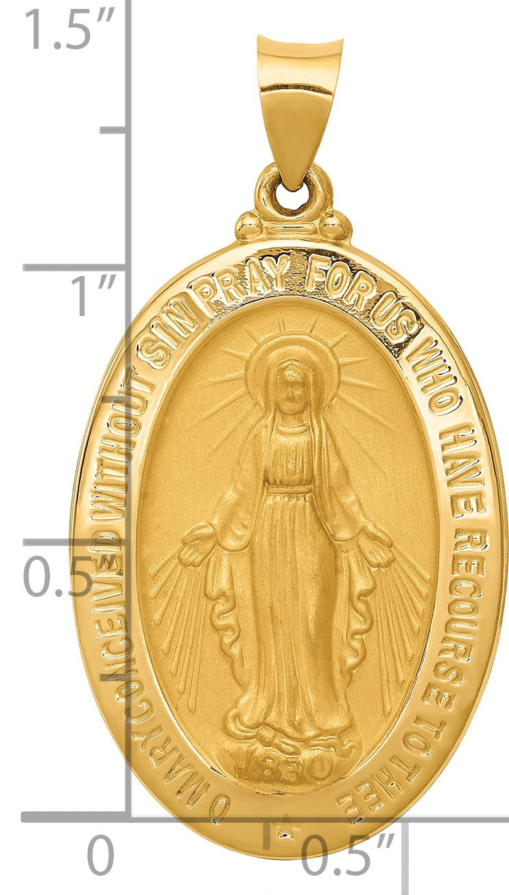 14k Polished and Satin Hollow Miraculous Medal Oval Pendant