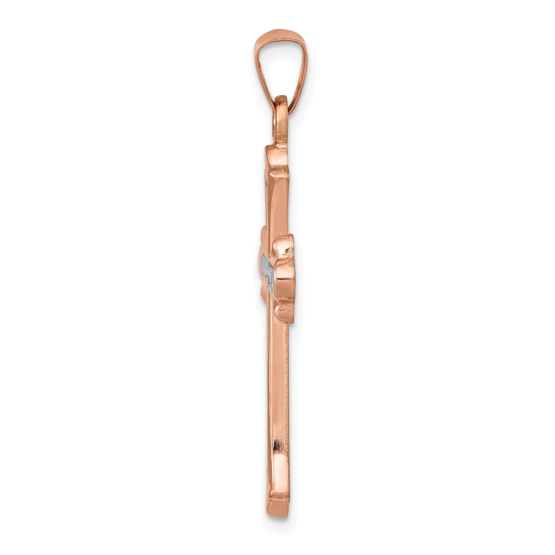 14K Rose Gold and White Rhodium Fleur de Lis Cross Pendant