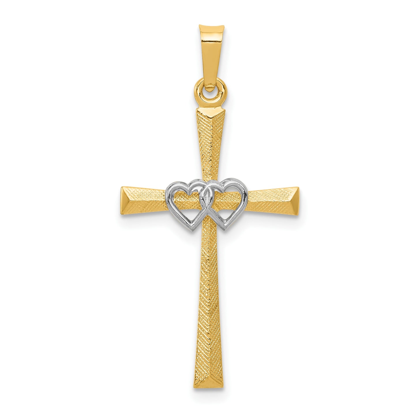 14K Two-tone Textured and Polished Latin Cross with Hearts Pendant