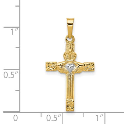 14k and White Rhodium Polished Claddagh Cross Pendant