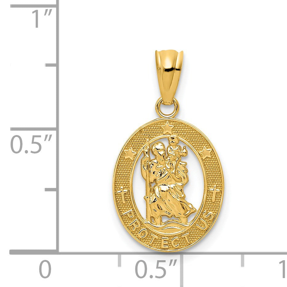 14k Polished Solid Cut-out Saint Christopher Medal Oval Pendant