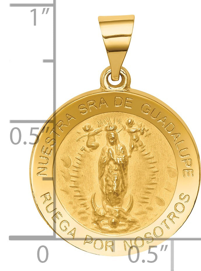 14K Polished and Satin Hollow Spanish Our Lady of Guadalupe Round Medal Pendant