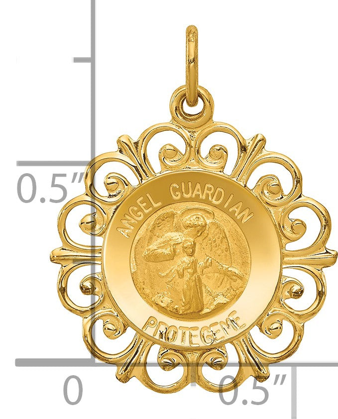 14k Polished and Satin Hollow Spanish Guardian Angel Medal Round Pendant