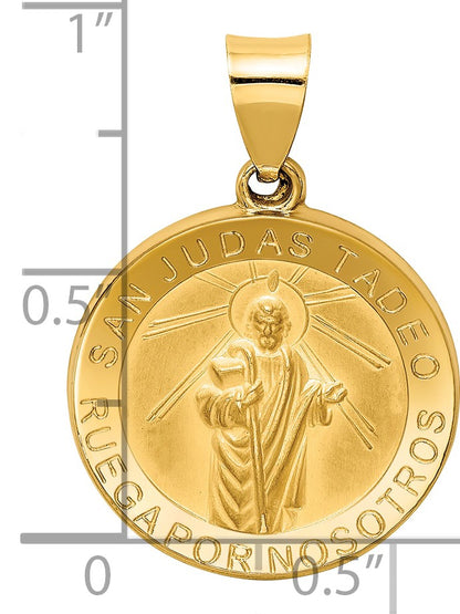 14K Polished and Satin Hollow Spanish San Judas Tadeo Medal Round Pendant