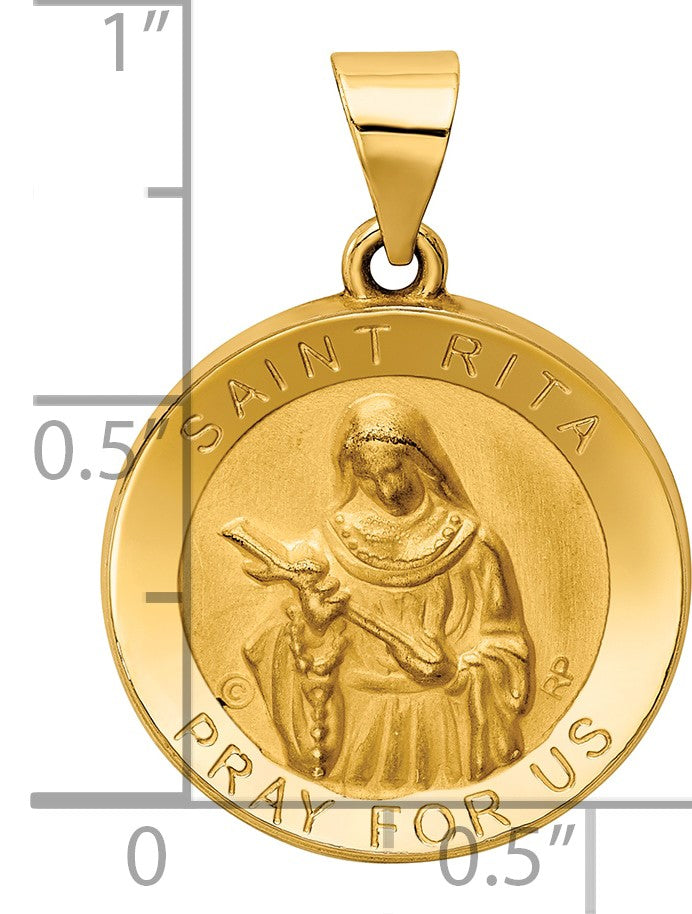 14K Polished and Satin Hollow St. Rita Medal Round Pendant