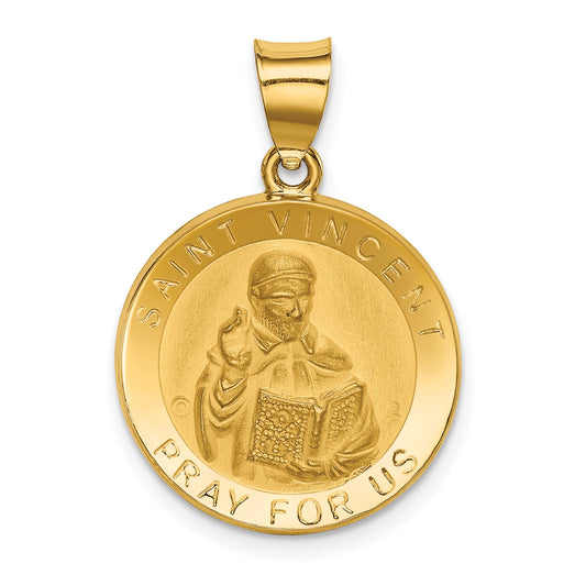 14K Polished and Satin Hollow St. Vincent Medal Round Pendant