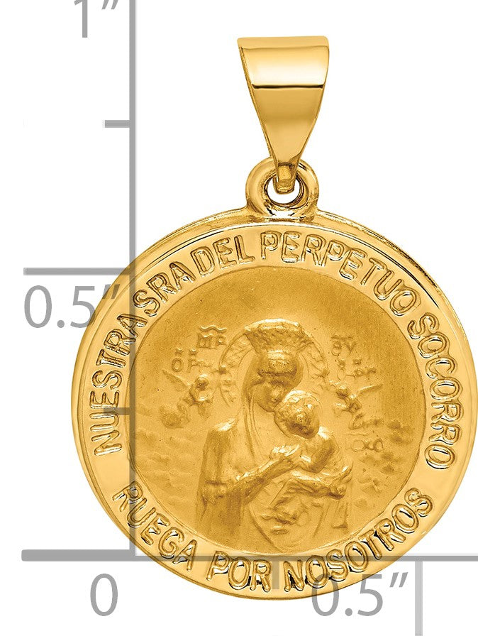 14K Polished and Satin Hollow Spanish Perpetuo Socorro Round Medal Pendant
