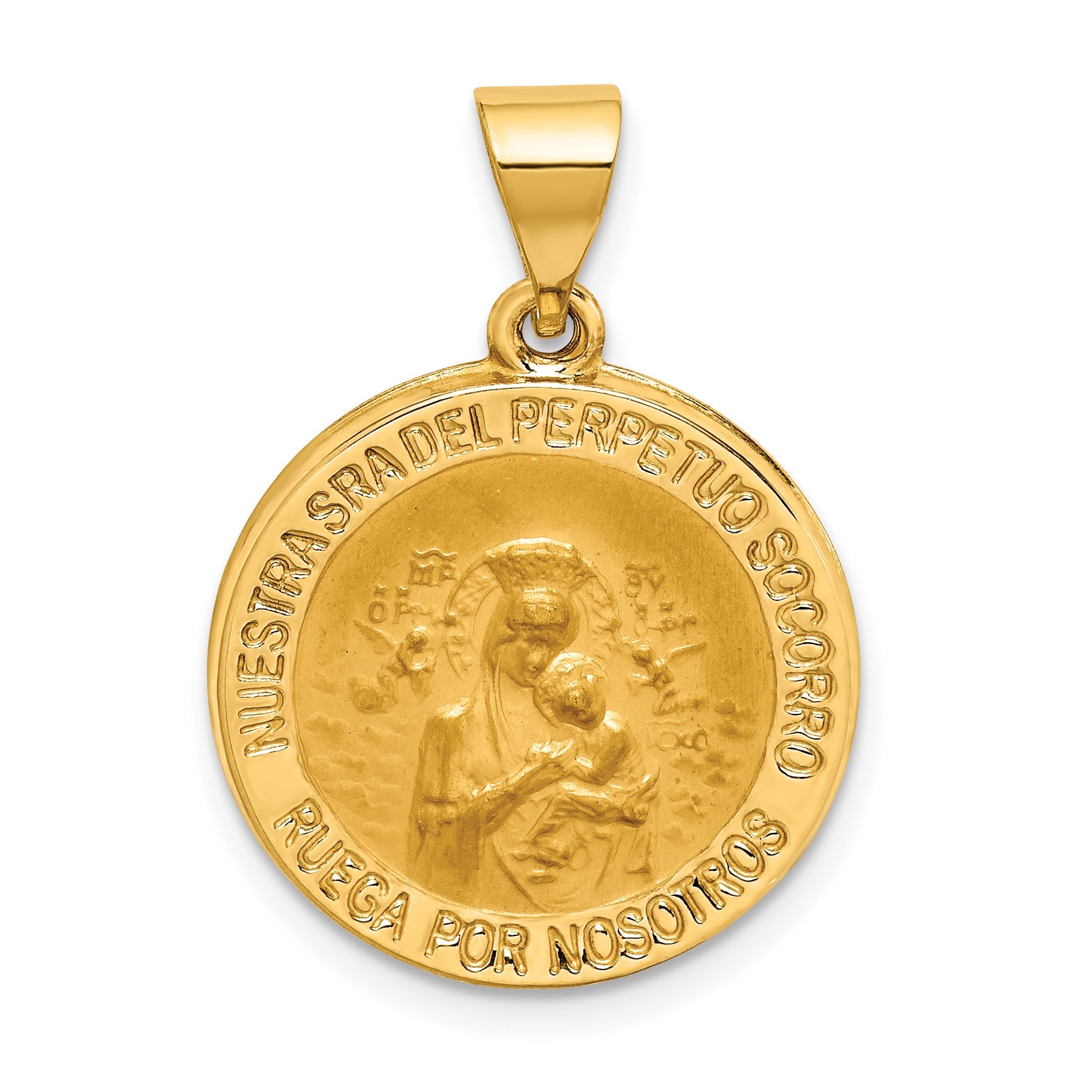 14K Polished and Satin Hollow Spanish Perpetuo Socorro Round Medal Pendant