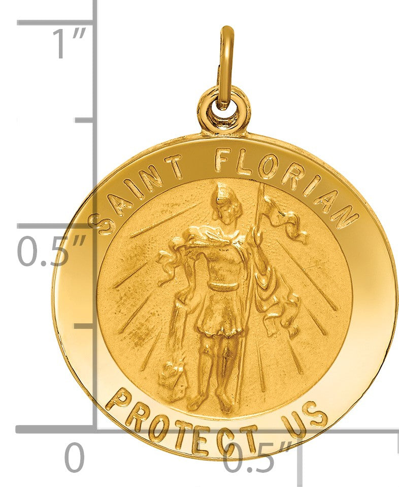 14k Polished and Satin Solid St Florian Medal Round Pendant