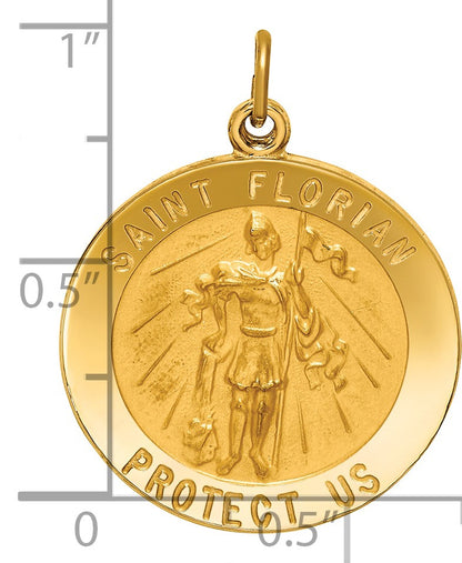 14k Polished and Satin Solid St Florian Medal Round Pendant