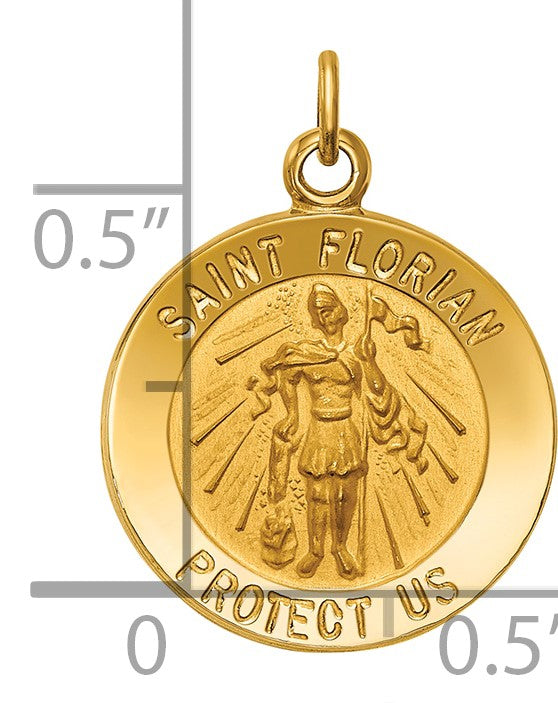 14k Polished and Satin Solid Small St. Florian Medal Round Pendant