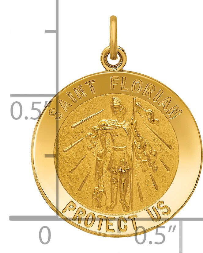 14k Polished and Satin Solid Medium St. Florian Medal Round Pendant