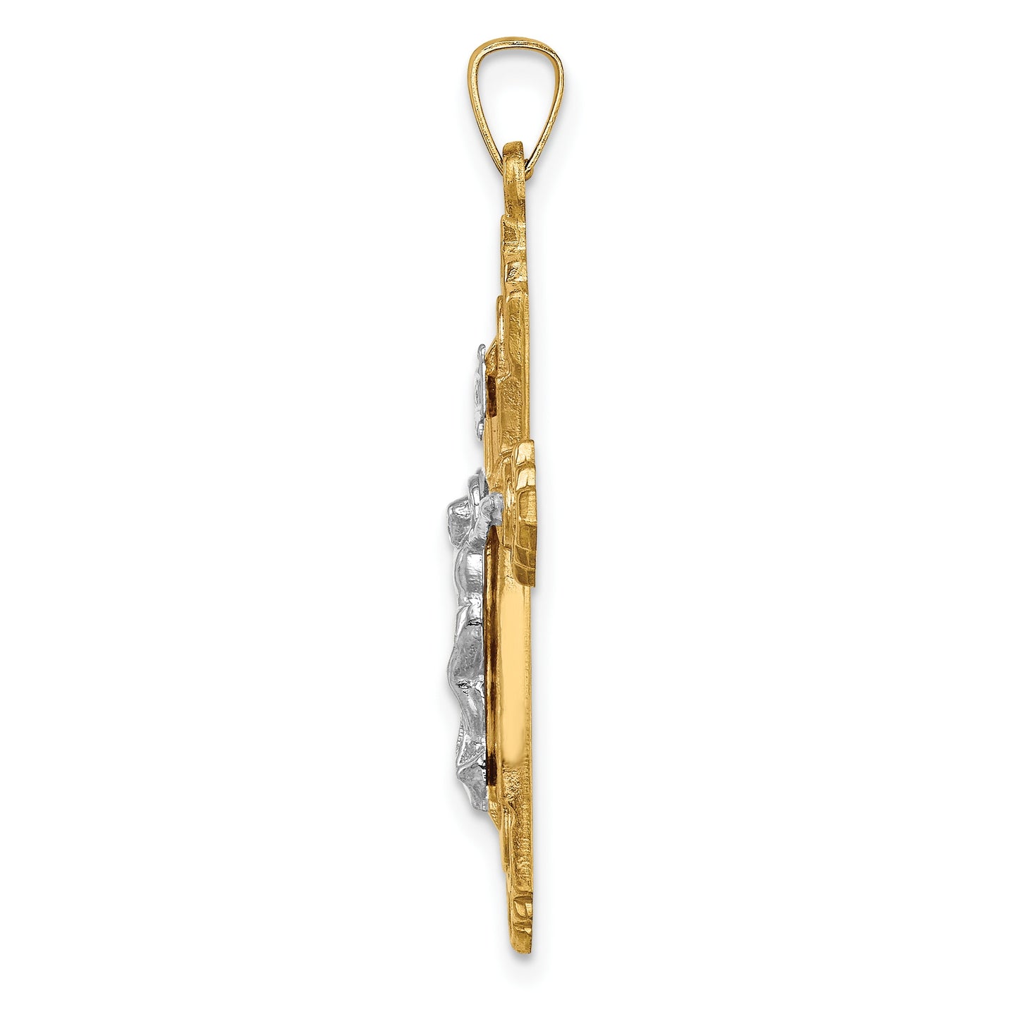 14k Two-tone Hollow Polished Fleur de Lis Crucifix Pendant