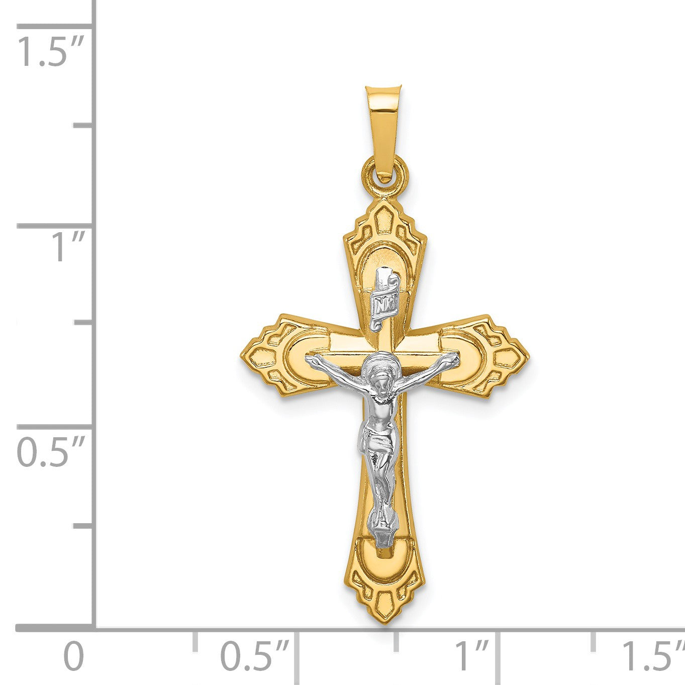 14k Two-tone Hollow Polished Fleur de Lis Crucifix Pendant