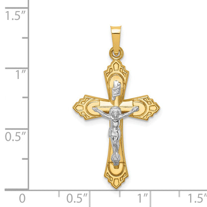 14k Two-tone Hollow Polished Fleur de Lis Crucifix Pendant
