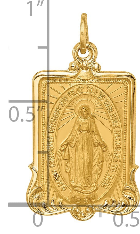 14k Polished and Satin Solid Miraculous Medal Rectangular Pendant