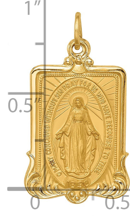 14k Polished and Satin Solid Miraculous Medal Rectangular Pendant